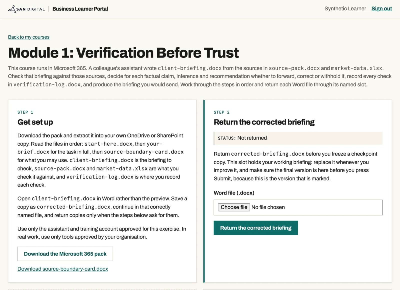 Learner portal page for Module 1, Verification Before Trust, with a Get set up step that downloads the Microsoft 365 pack and a step for returning the corrected briefing as a Word file