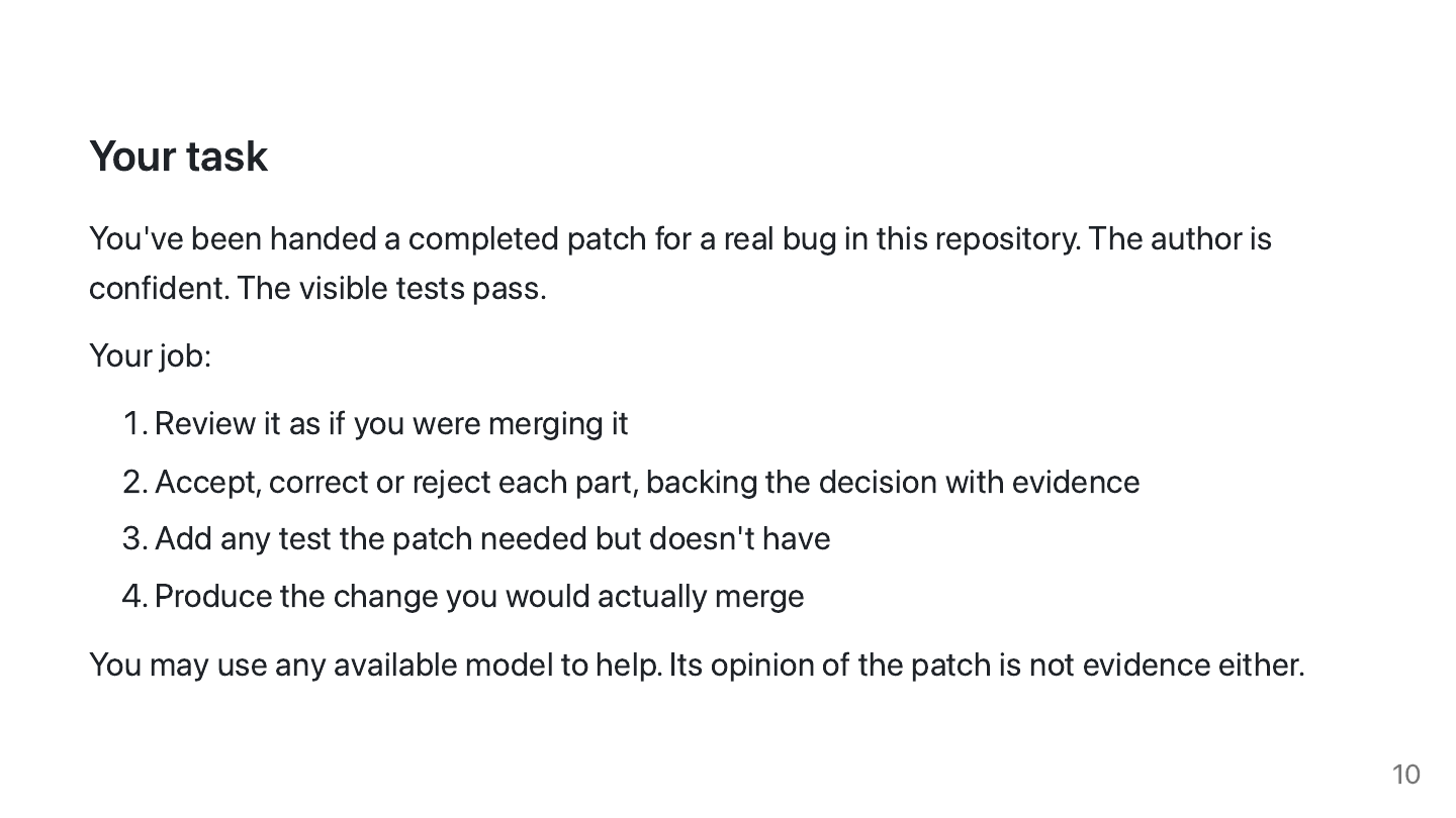 Module 1 task slide describing the supplied patch review